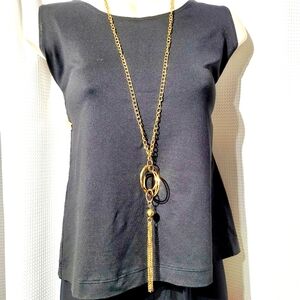 Long Gold tone Necklace with Entwined Rings & Tassel